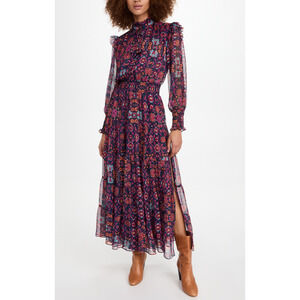 Misa Los Angeles Indigo Floral Tiered Long-Sleeve Midi Dress